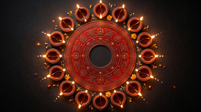 Traditional Diwali Diyas Arranged in a Glowing Circle Around an Ornate Red Centerpiece