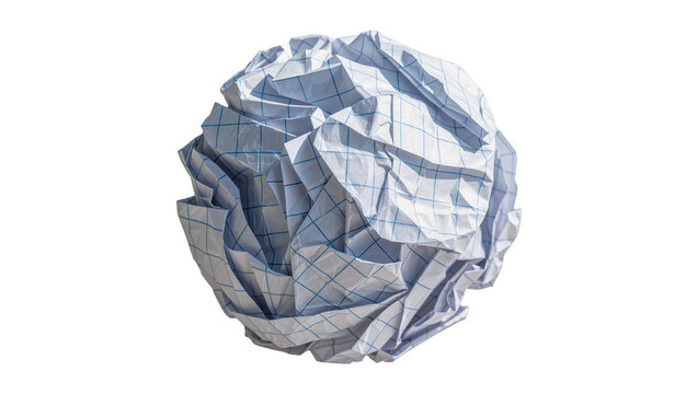 Crushed graph paper ball crumpled and folded, isolated on transparent background