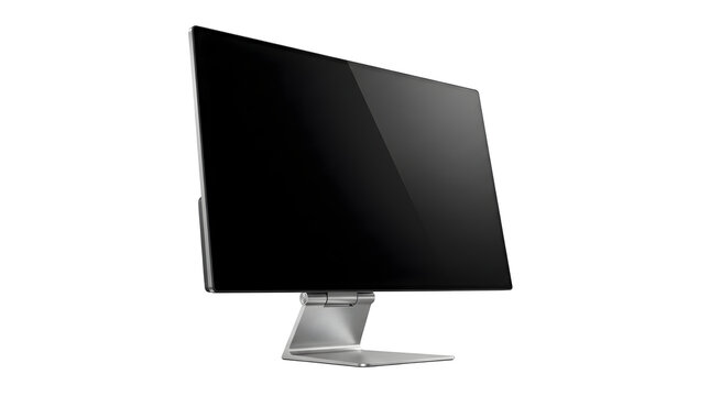 Black widescreen computer monitor mockup with metallic stand transparent background PNG