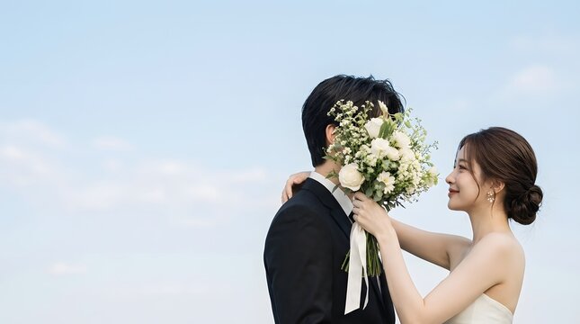 花束を抱え微笑む日本人カップルのウェディングフォト