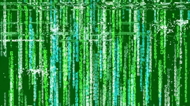 Glowing blue digital data matrix code raining downward against a vibrant green screen background. Perfect for cyber tech VFX, hacker backgrounds, and data stream overlays.