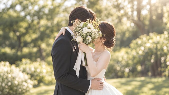 花束を抱え微笑む日本人カップルのウェディングフォト