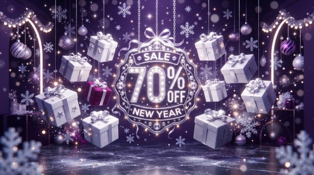 Luxurious New Year 70% off sale 3D banner with silver gift boxes floating around glowing badge. Purple luxury background.