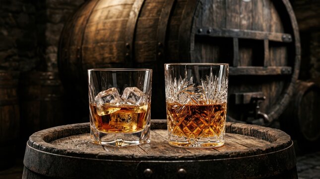 Two glasses of amber whiskey stand on a wooden barrel in a dim cellar