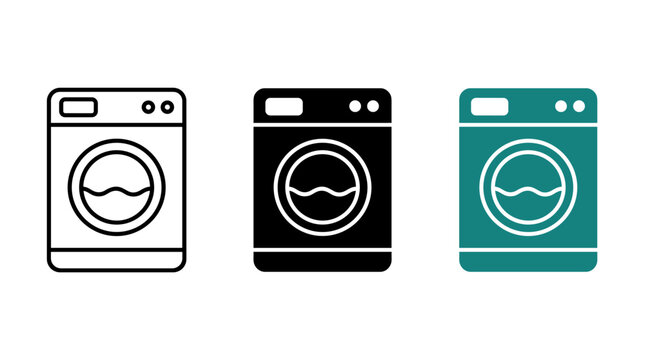 Washing machine icon set showing laundry appliance in outline and solid styles