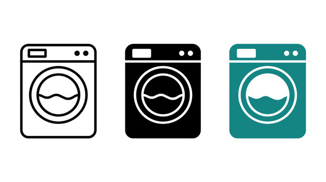 Washing machine icon set showing laundry appliance in outline and solid styles