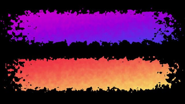 Dynamic glowing purple and orange textured brush stroke banners or lower third graphic elements isolated on black background