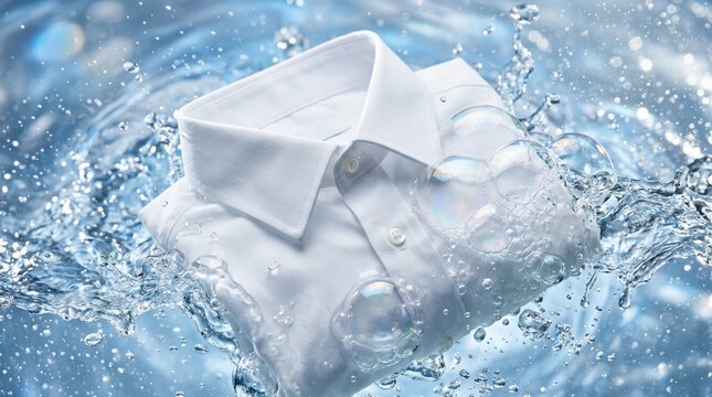 White collared shirt surrounded by splashing water and translucent bubbles against a blue background