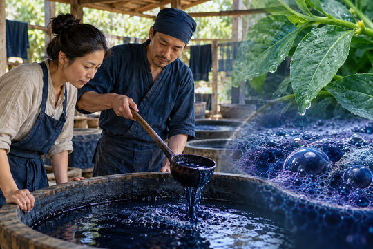 Artisans tending indigo fermentation vat