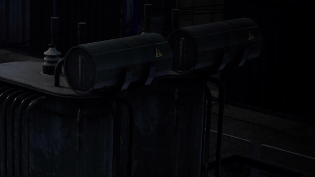 Two cylindrical objects sit on top of a metal structure. The scene is dark with some city lights in the background. The objects have warning signs on them.