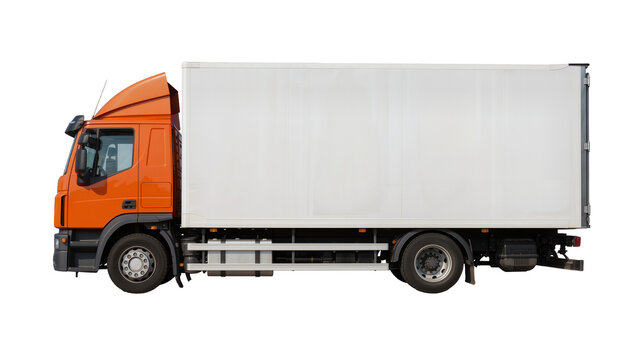 Orange truck with white cargo box, isolated on transparent background