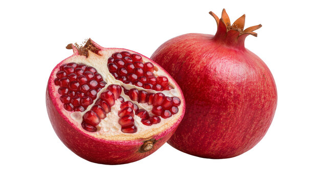 Whole and halved ripe pomegranate with juicy red arils, isolated on transparent background