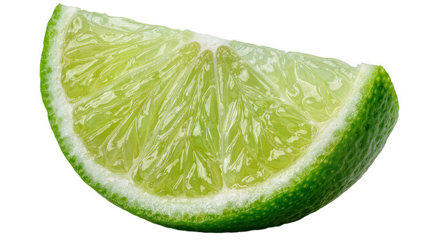 Juicy green lime wedge with textured rind, isolated on transparent background