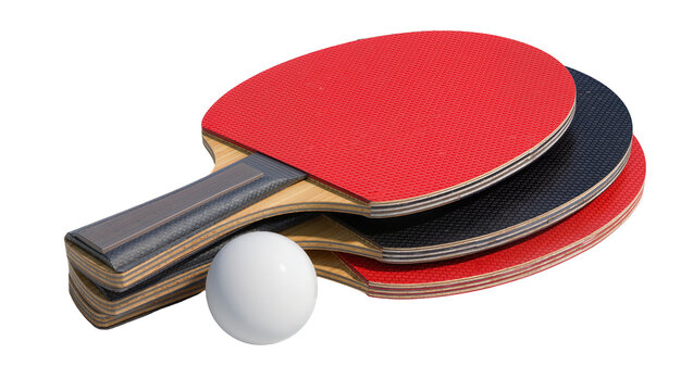 Stack of red and black ping pong paddles with white ball, isolated on transparent background
