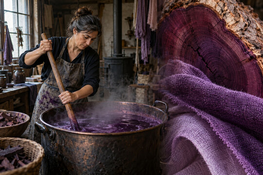 Craft dyer stirring logwood purple dye