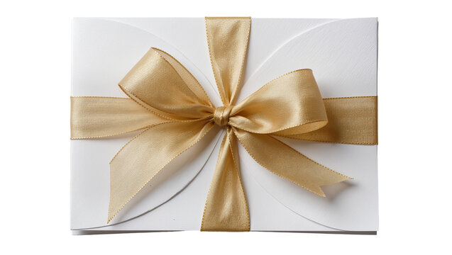 Elegant white envelope with golden satin ribbon bow, isolated on transparent background
