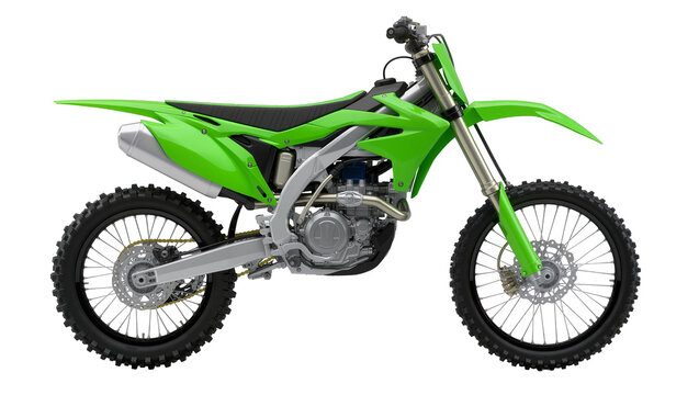 Bright green dirt bike with knobby tires, isolated on transparent background