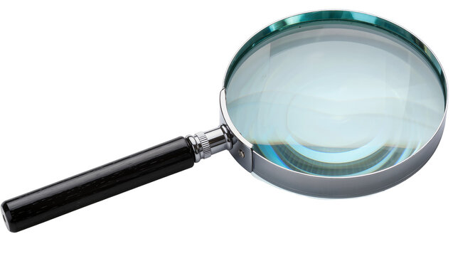 Classic magnifying glass with black handle and chrome rim, isolated on transparent background