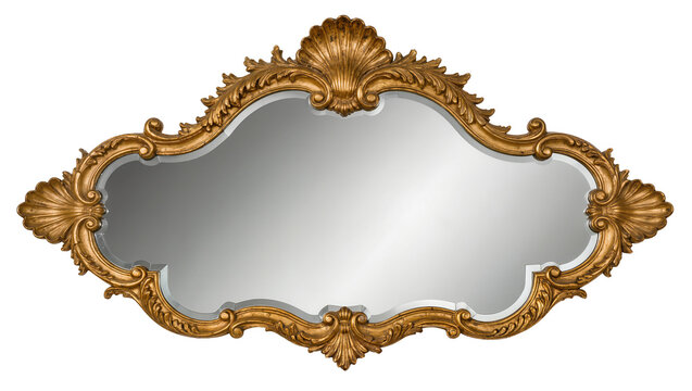 Ornate gold carved baroque mirror with shell motifs, isolated on transparent background