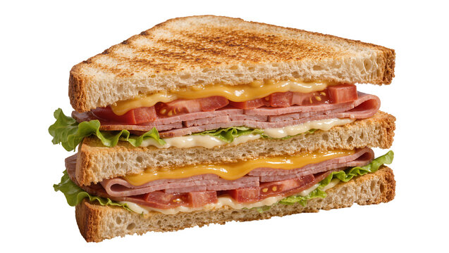Triple decker ham and cheese sandwich with lettuce and tomato, isolated on transparent background