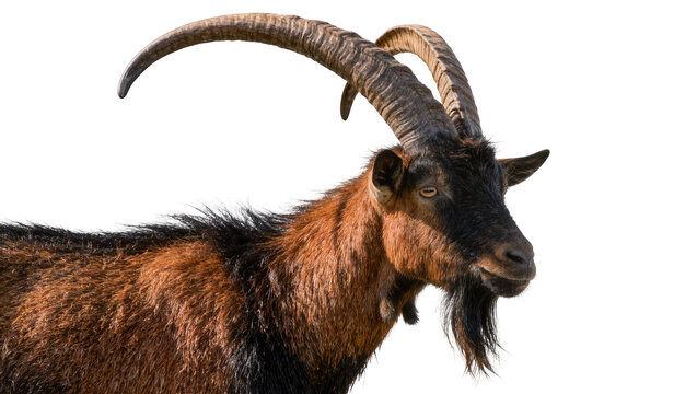 Brown and black goat with large curved horns, isolated on transparent background