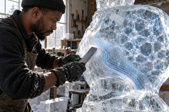 Craftsman Finishing an Ice Sculpture Surface
