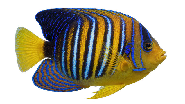 Regal angelfish with vibrant yellow blue and white stripes, isolated on transparent background