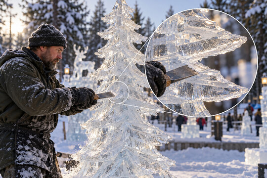 Sculptor Carving an Evergreen Ice Tree