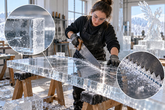 Sculptor Cutting a Transparent Ice Panel