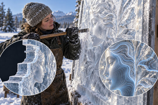 Artist Carving a Relief Panel in Ice