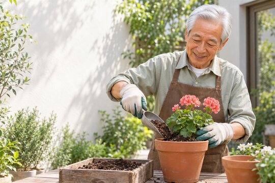 庭で花の植え替えを楽しむ日本人シニア男性