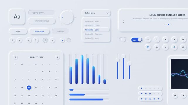 A clean, minimalist UI kit featuring a neumorphic design with various interactive elements like sliders, buttons, calendar, charts, and toggles, suggesting a modern interface design.