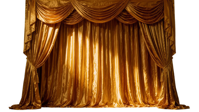 Luxurious golden velvet stage curtains with ornate draping, isolated on transparent background