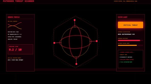 Futuristic Digital Pathogen Threat Scanner Interface with Rotating Virus Model Graphic Animation