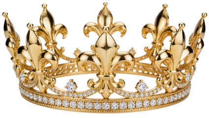 Ornate golden crown with fleur-de-lis and diamonds, isolated on transparent background © Maria