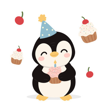 Penguin Holding Birthday Cupcake with Candle for Kids Greeting Cards Invitations and Celebration Designs
