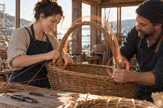 Two Artisans Attaching a Willow Basket Handle