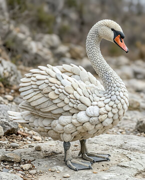 Elegant White Swan Stone Pebble Art Sculpture Standing on Rocks - Realistic Mosaic Craft