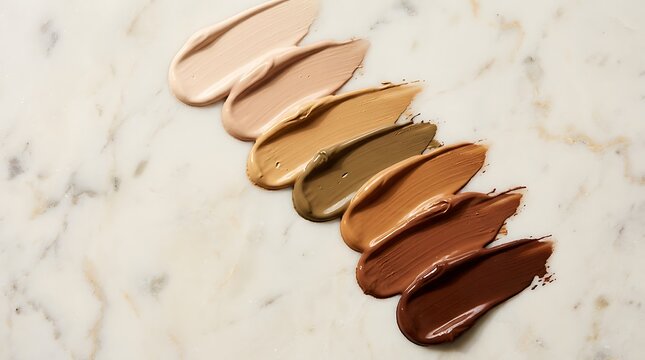 Different shades of liquid foundation makeup cream swatches arranged in a row on a marble surface. skintone palette
