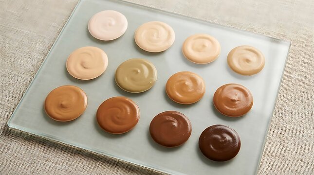 A collection of various round foundation makeup shades arranged on a flat tray for beauty testing. skintone palette