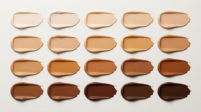 Set of various liquid foundation makeup smears showing different skin tone shades from light to dark. skintone palette