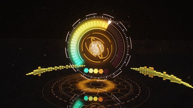 3D holographic threat level indicator gauge rising from green safe to red critical alert