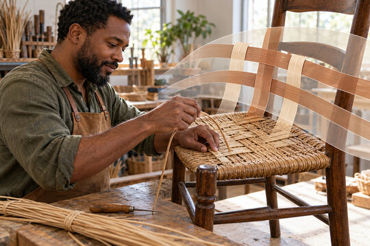 Craftsperson Repairing a Woven Willow Chair Seat