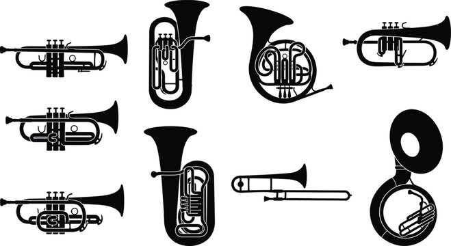 Black Brass Instrument Silhouette Vector Set with Trumpets, Tubas, French Horn, Trombone, and Sousaphone for Music, Jazz, Orchestra, and Band Design
