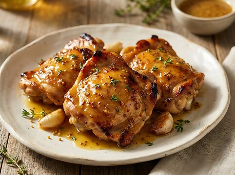 Roasted chicken thighs with herb sauce and garlic served on a plate for a delicious home dinner meal. boneless chicken thigh