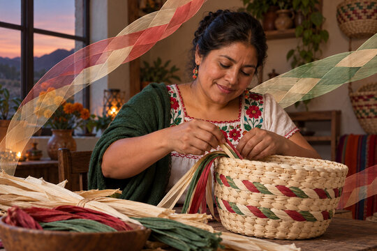 Mexican Artisan Weaving a Corn Husk Basket