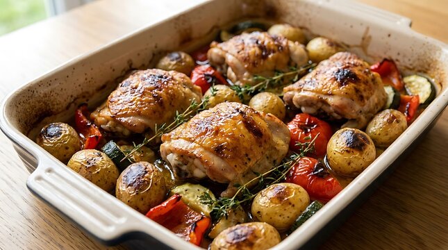 Roasted chicken thighs with baked potatoes and fresh vegetables in a ceramic baking dish on a table