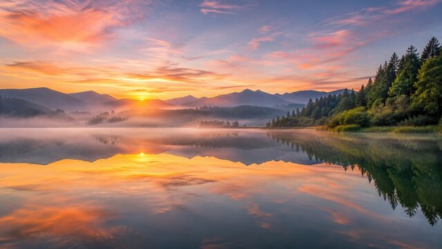 Sunrise over a misty mountain lake with colorful sky and perfect water reflection