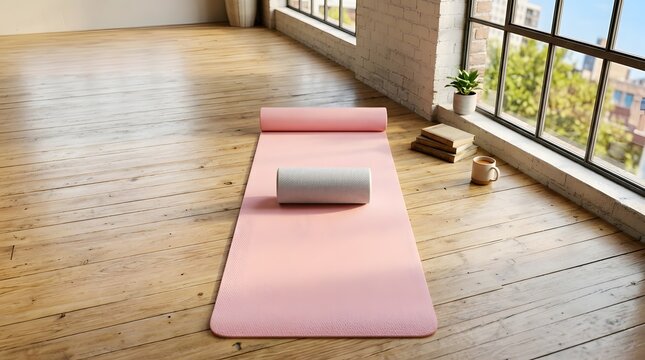 Pink yoga mat with foam roller in sunlit studio room