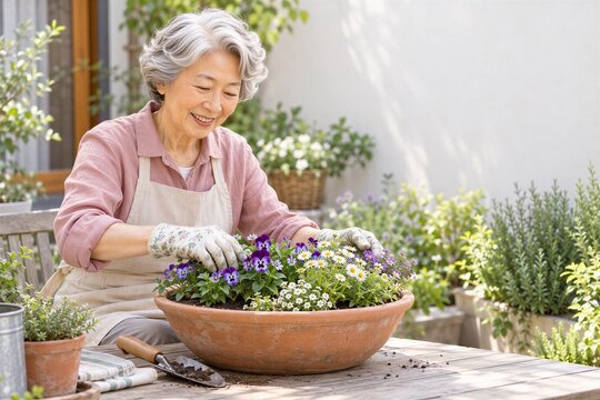 庭で花の寄せ植えを楽しむ日本人シニア女性
